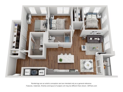 Floor plan for 3 beds, 2 baths, 1235 sqft